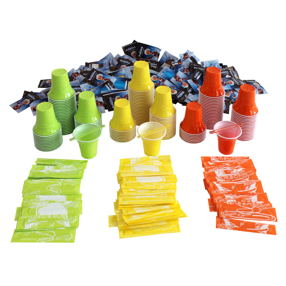 Caffè Borbone KIT, 150 farbige Becher, 150 Stäbchen, 150 Zuckerbeutel