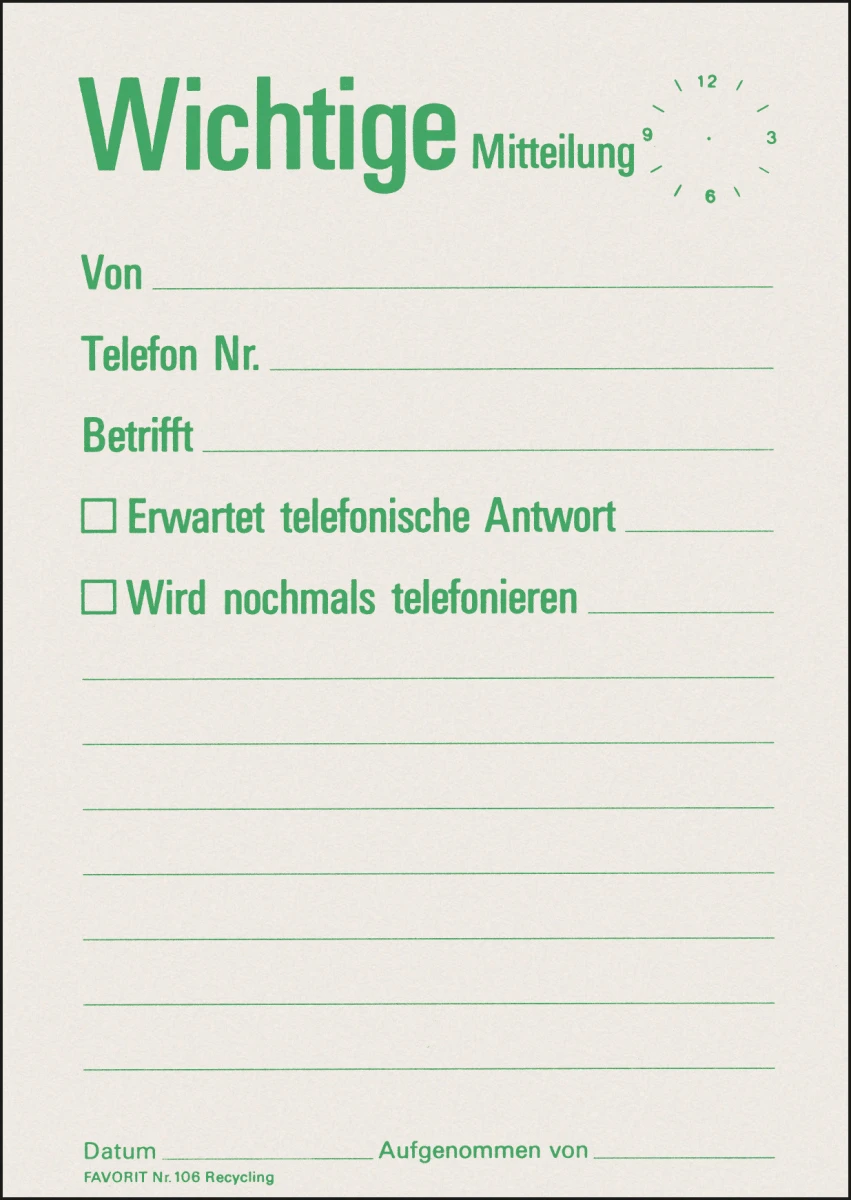 Mitteilungszettel-Block Favorit, "Wichtige Mitteilung"