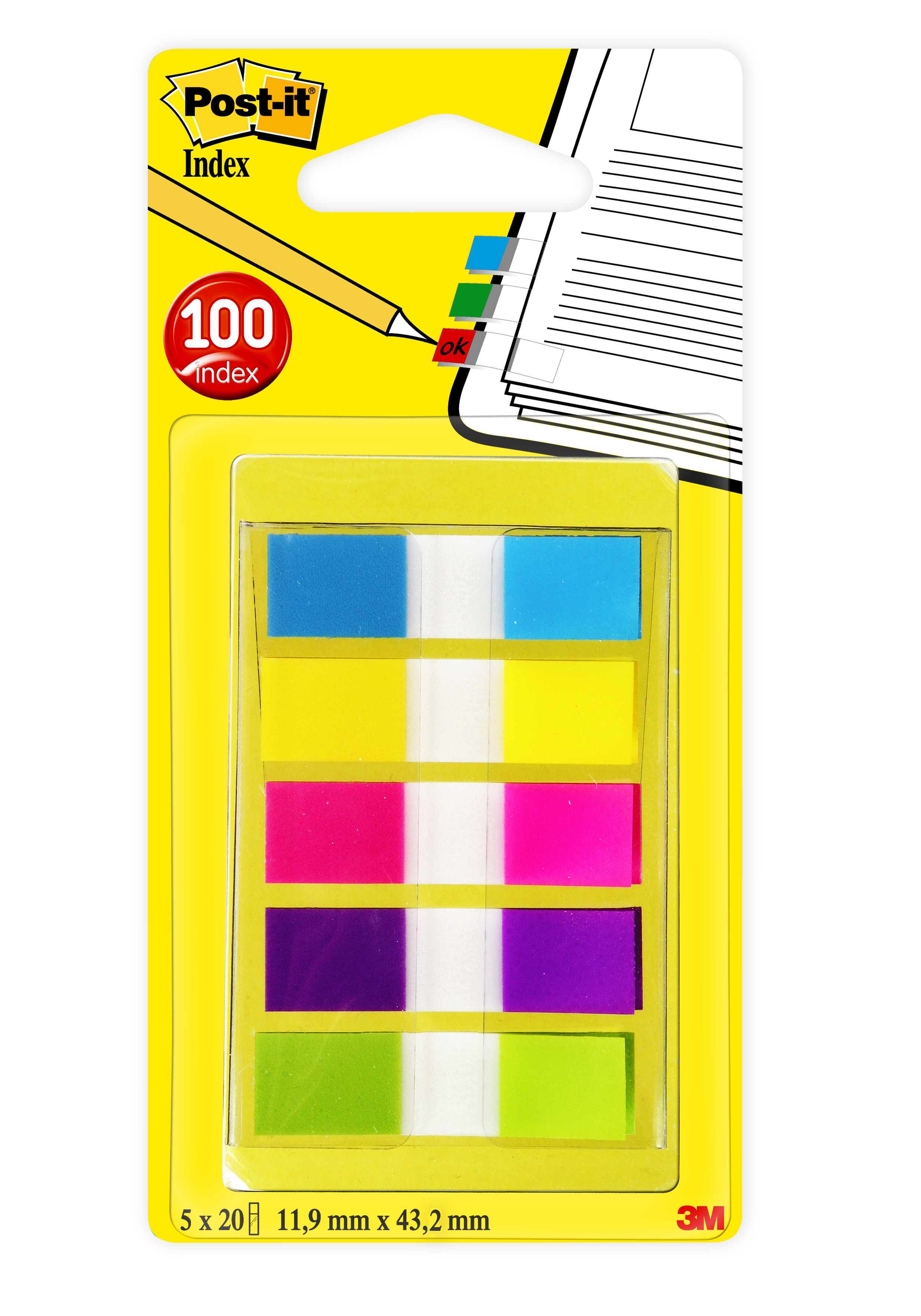 Post-it Index Mini Haftstreifen türkis, gelb, pink, lila, limonengrün, Pack à 5 x 20 Stück