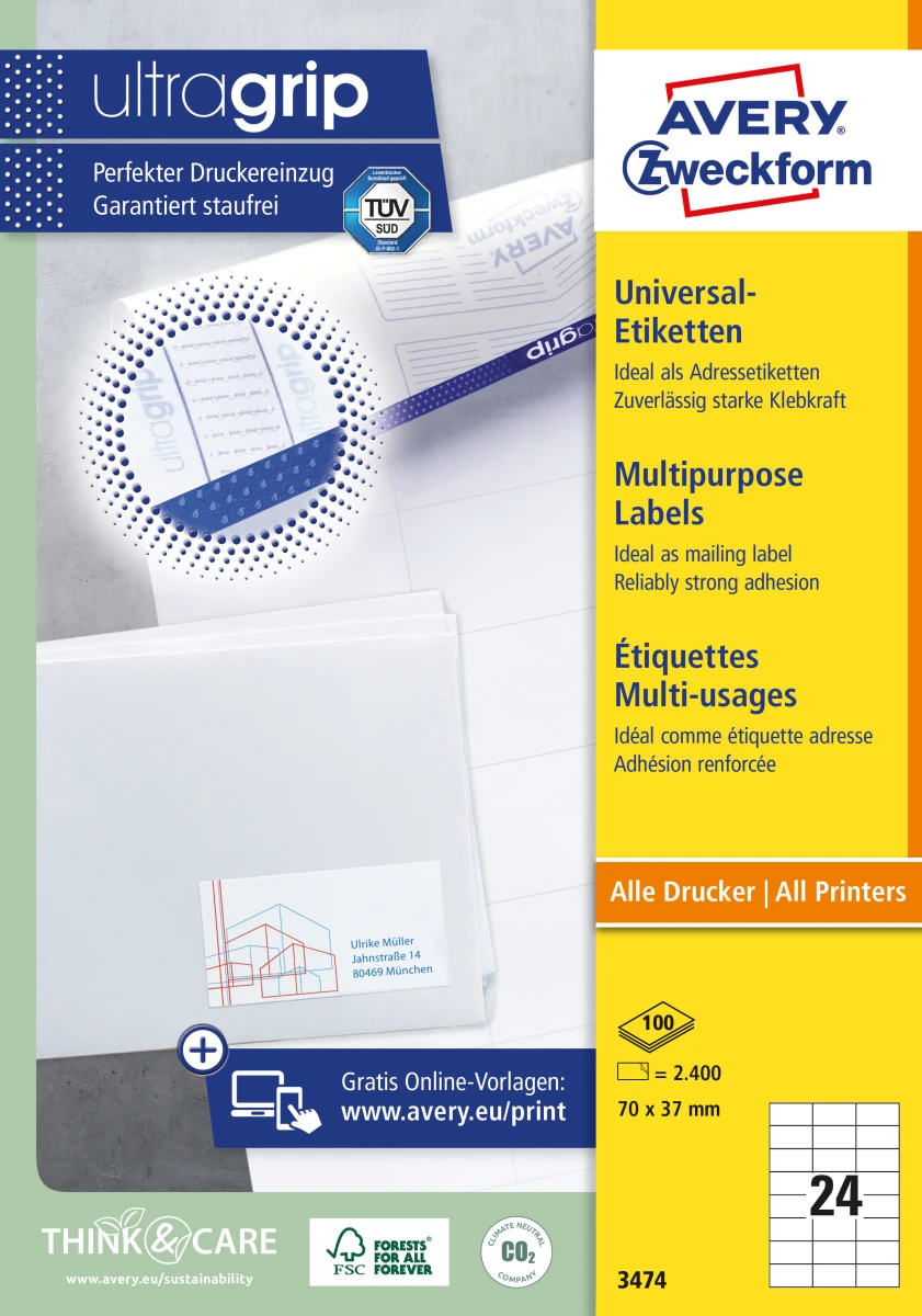 AVERY ZWECKFORM 3474 Etiketten, 70 x 37 mm, 100 Blatt