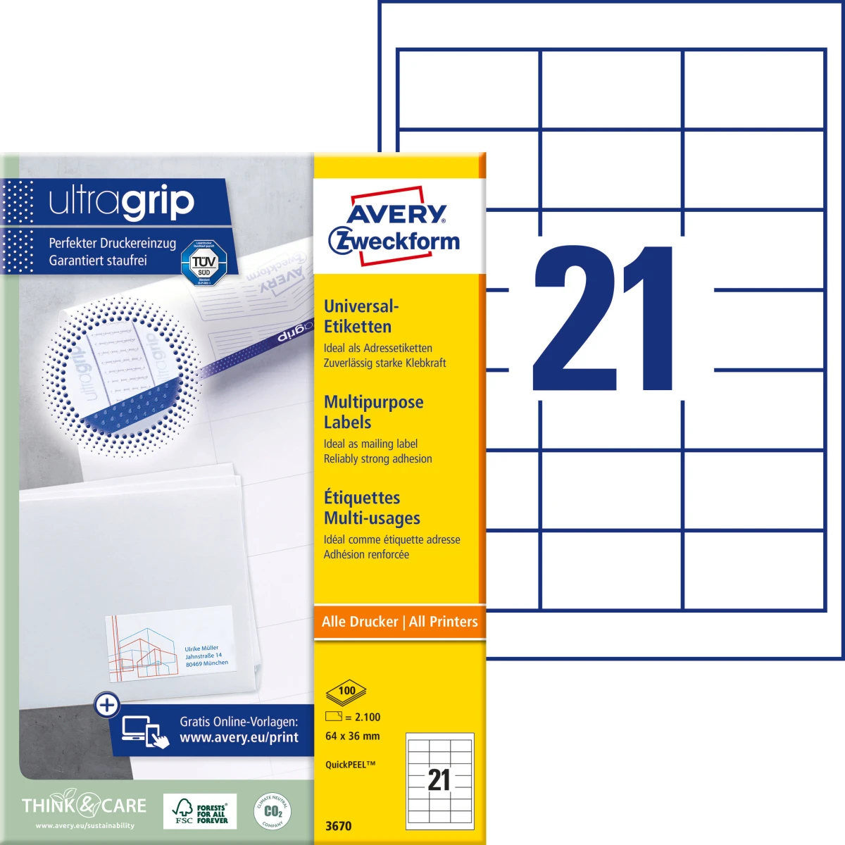 AVERY ZWECKFORM 3670 Etiketten, 64 x 36 mm, 100 Blatt