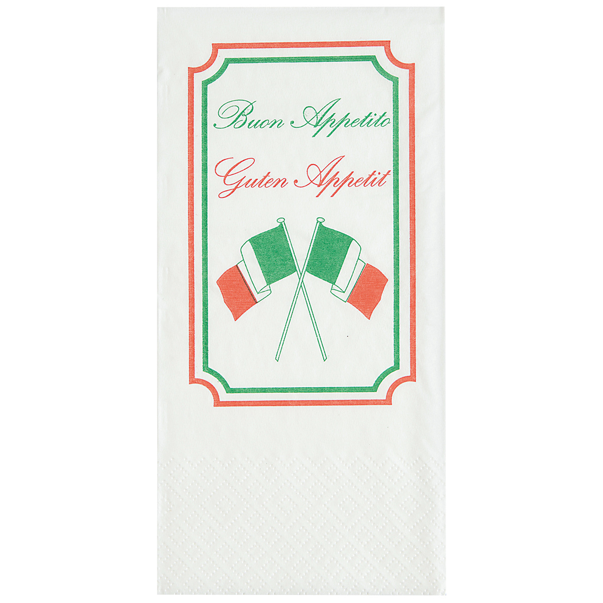 Servietten weiss mit Aufdruck, 3-lagig, 39 x 40 cm, 1/8 Buchfalz, randgeprägt, Karton à 1'600 Stück