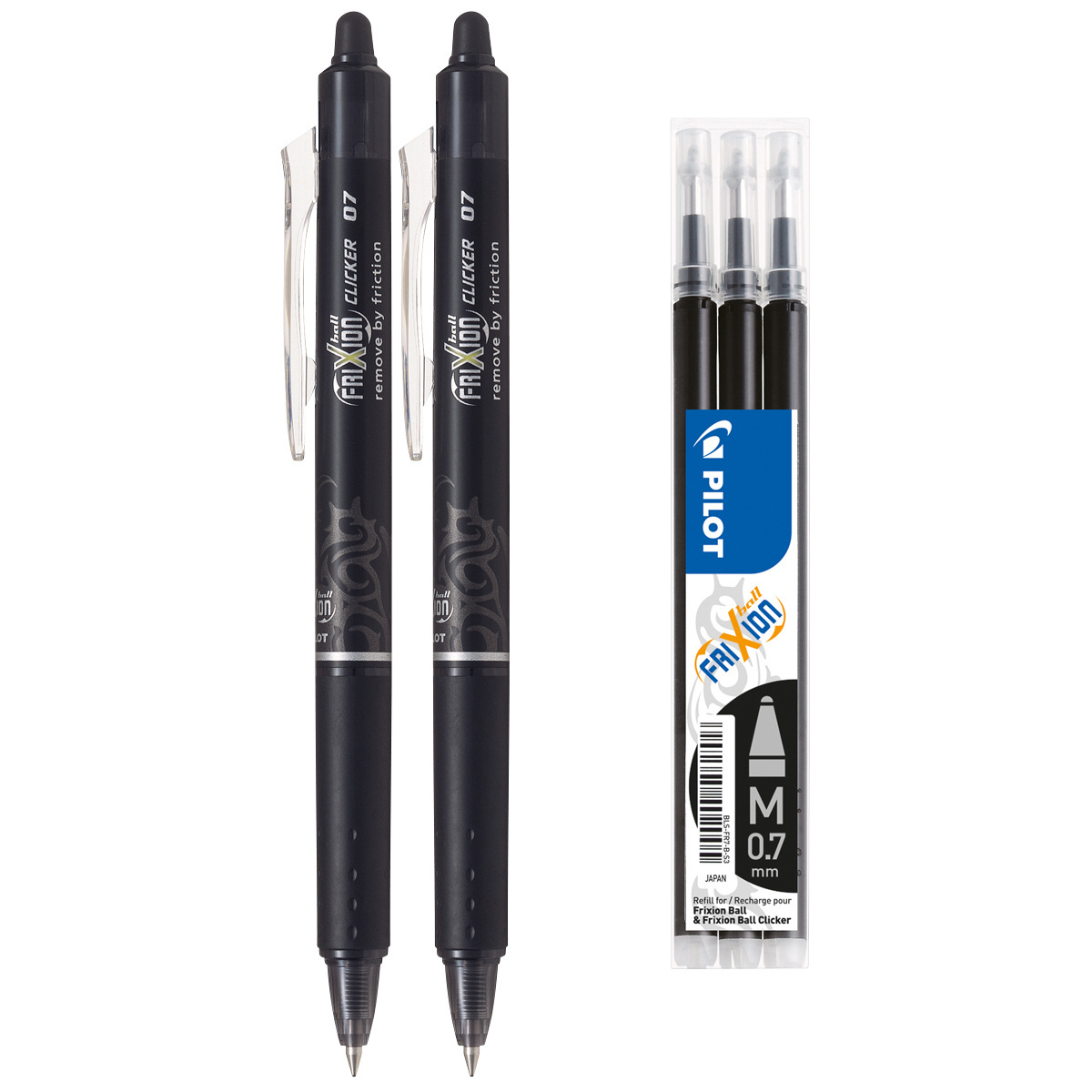 2 PILOT FriXion Clicker 0.7 mm + 3 x Refill schwarz