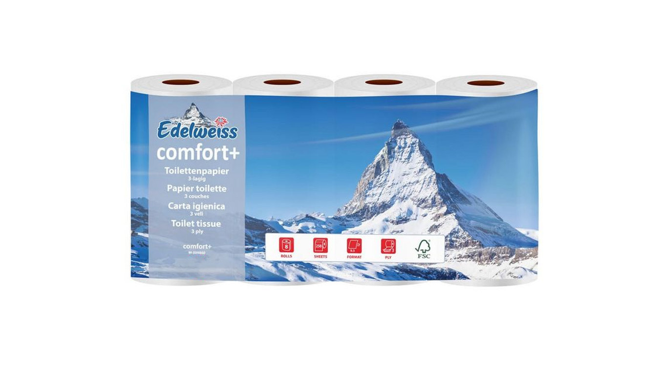 Toilettenpapier Edelweiss comfort+, 3-lagig, hochweiss, 9.3 x 12 cm, Pack à 8 Rollen