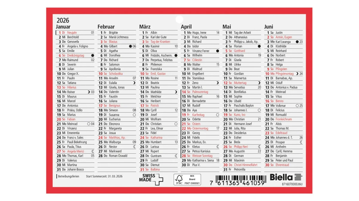 BIELLA Wandkalender 2026 DE