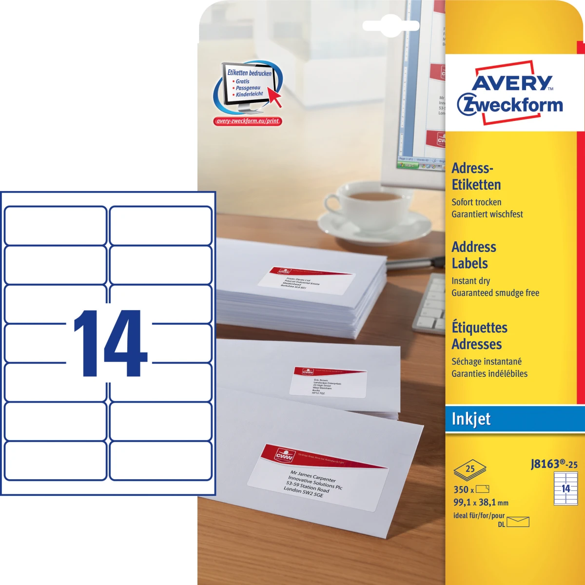 AVERY ZWECKFORM Adressetiketten 99.1 x 38.1 mm, 25 Blatt