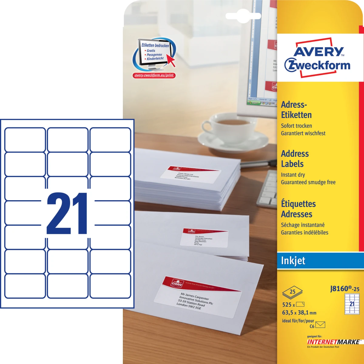 AVERY ZWECKFORM J8160-25 Etiketten, 63.5 x 38.1 mm, 25 Blatt