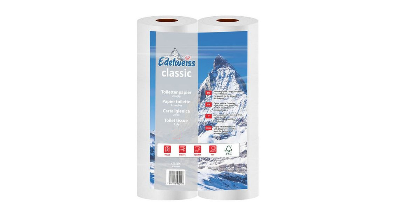 Edelweiss Classic Toilettenpapier 2-lagig, hochweiss, 9.5 x 11.5 cm, Pack à 6 Rollen