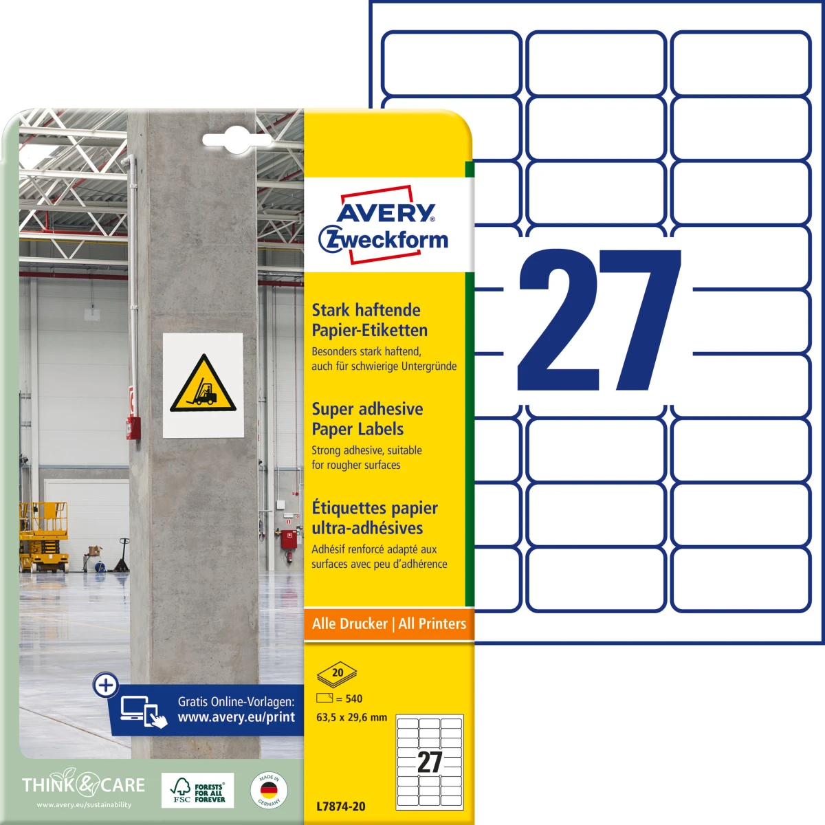 AVERY ZWECKFORM L7874-20 Etiketten, 63.5 x 29.6 mm, 20 Blatt