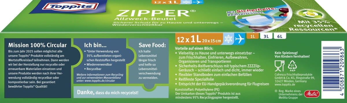 TOPPITS Allzweck-Beutel Zipper 1 L, 12 Stück