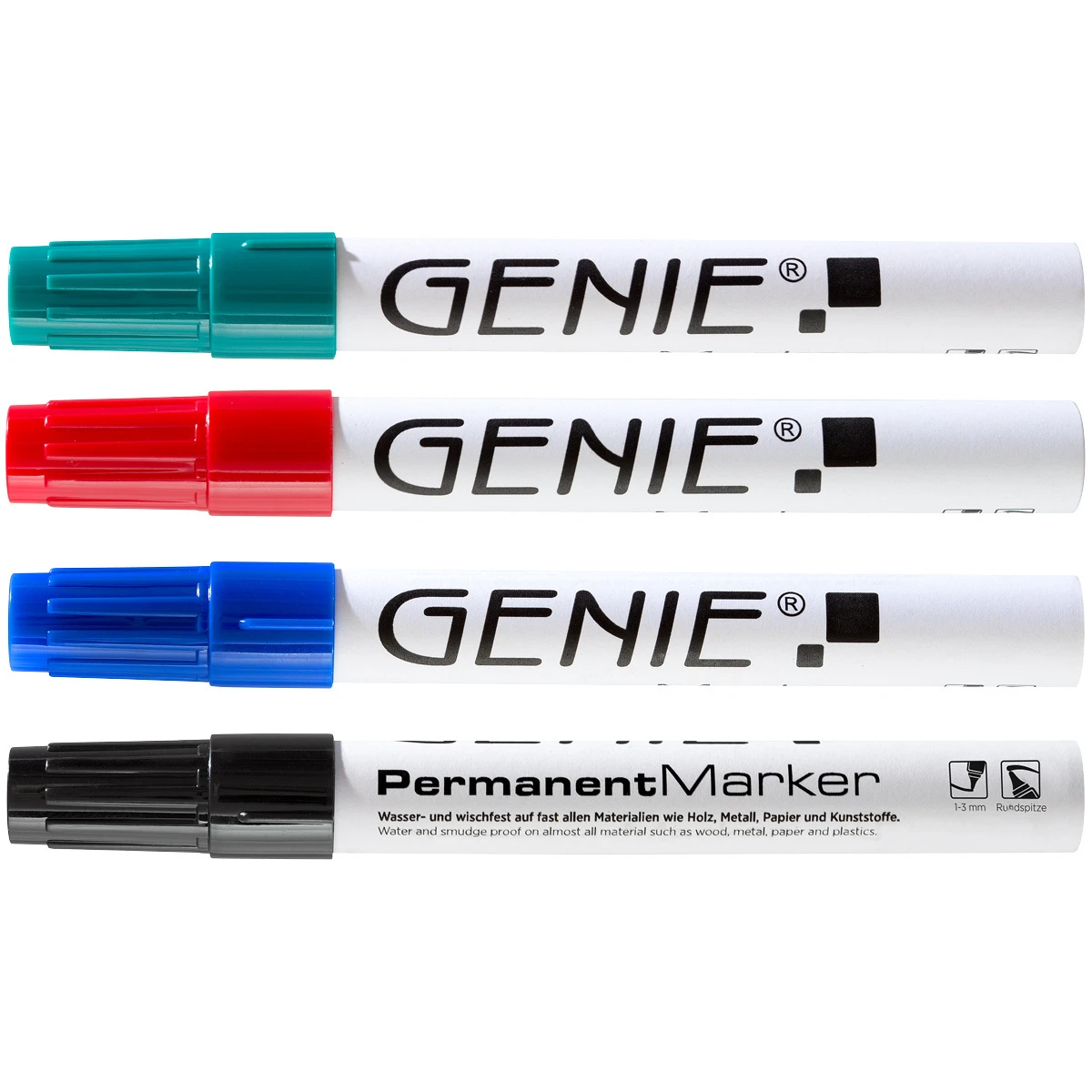 GENIE Permanent Marker im 4er-Etui, Rundspitze, schwarz, blau, grün, rot