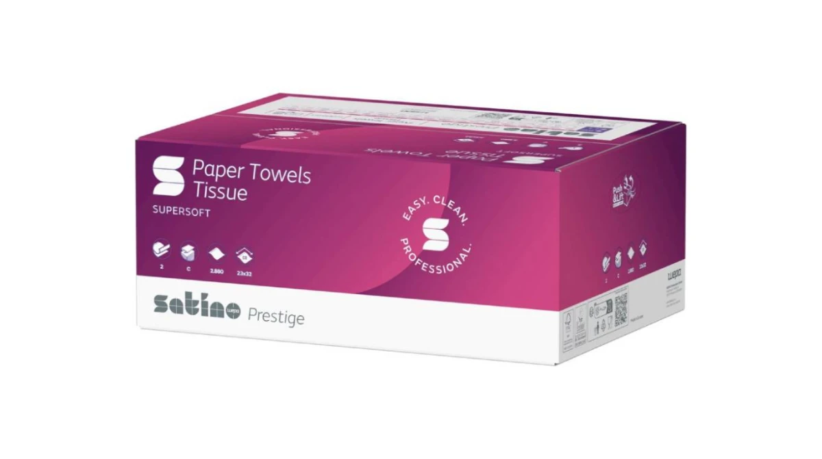 Satino prestige Papierhandtücher 2-lagig, 250 Cps. hochweiss, 100% Zellstoff, FSC, 9.4 x 12cm, Karton à 2880 Stück