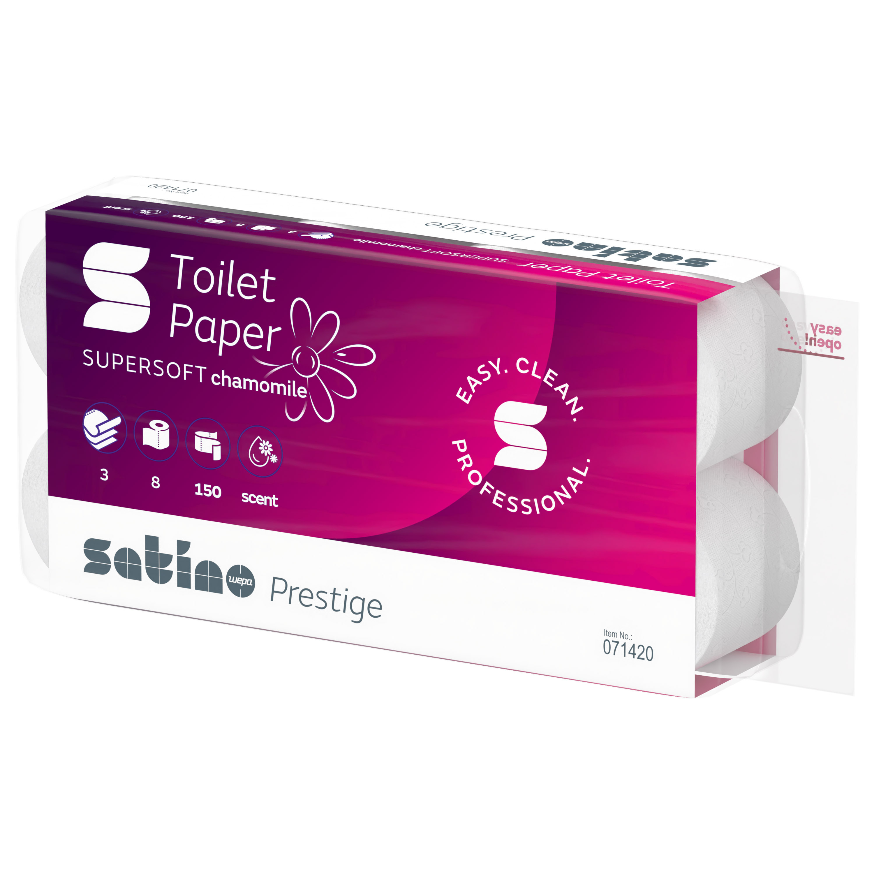 Toilettenpapier Satino prestige, 3-lagig, hochweiss, 9.4 x 12 cm, Pack à 8 Rollen