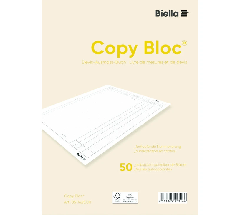 BIELLA Devis Ausmassbuch-Buch Copy-Bloc A4, 50 Blatt