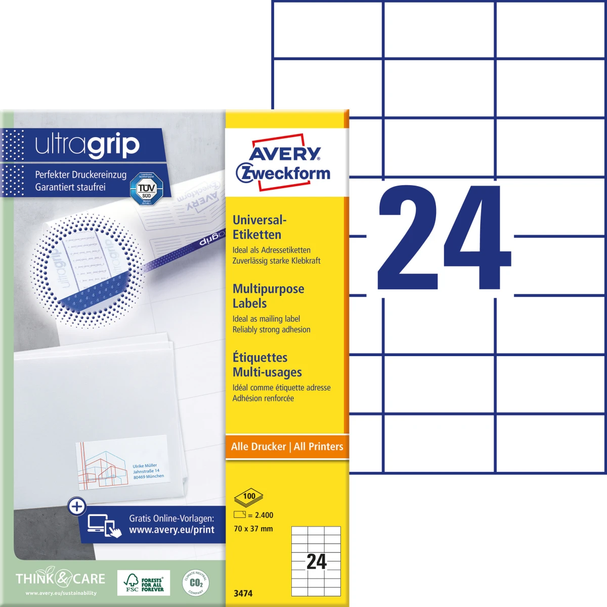 AVERY ZWECKFORM 3474 Etiketten, 70 x 37 mm, 100 Blatt